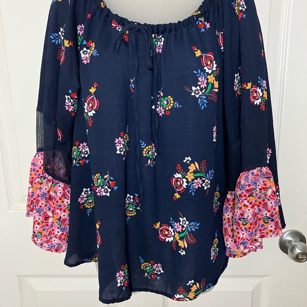Rocks & Indigo Floral Navy Blouse with Pink Accents